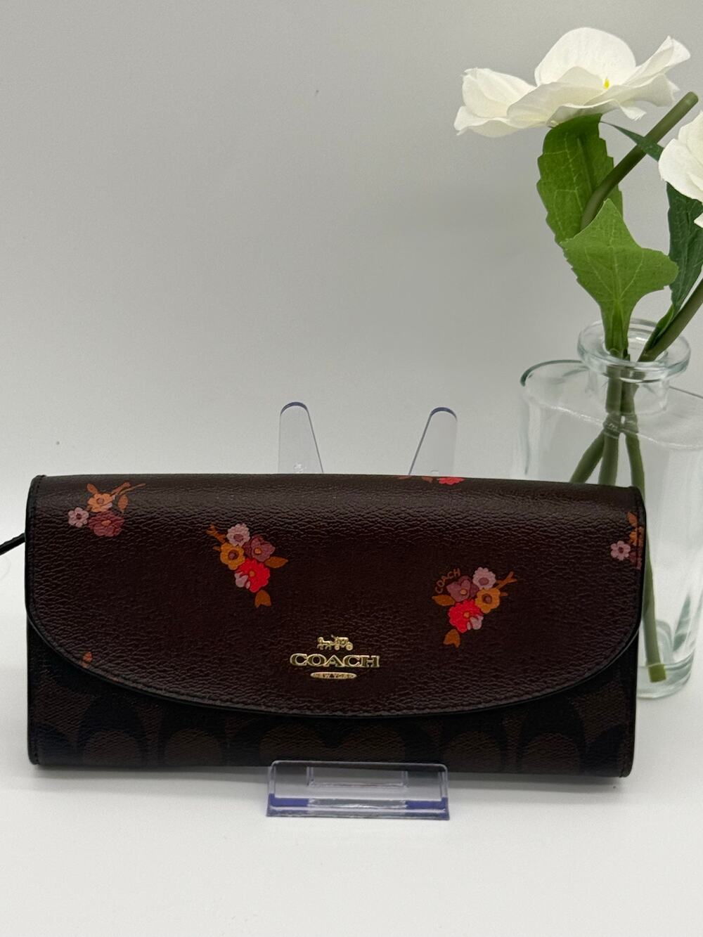 COACH Continental Envelope Wallet Floral Cluster Printed Coated Canvas Brown